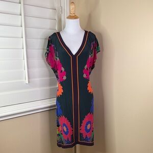 Anthropologie Black Floral V-Neck Shift Dress with Pink & Orange Accents